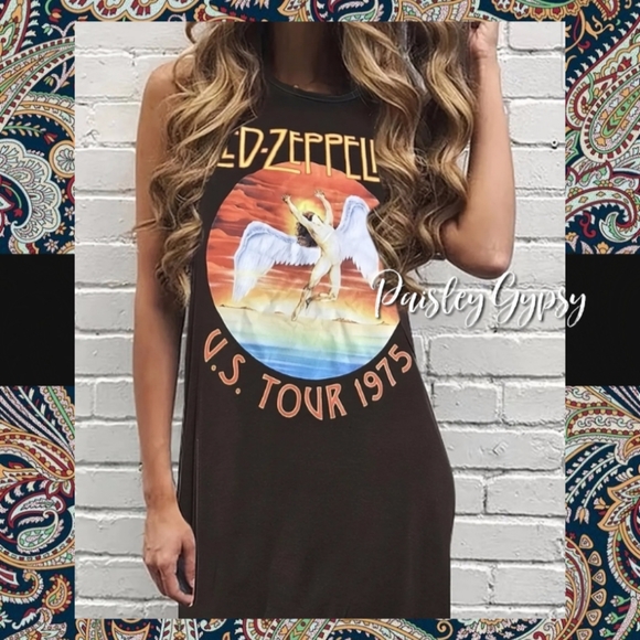 Dresses Black Led Zeppelin Crew Neck Sleeveless Tee Shirt Dress